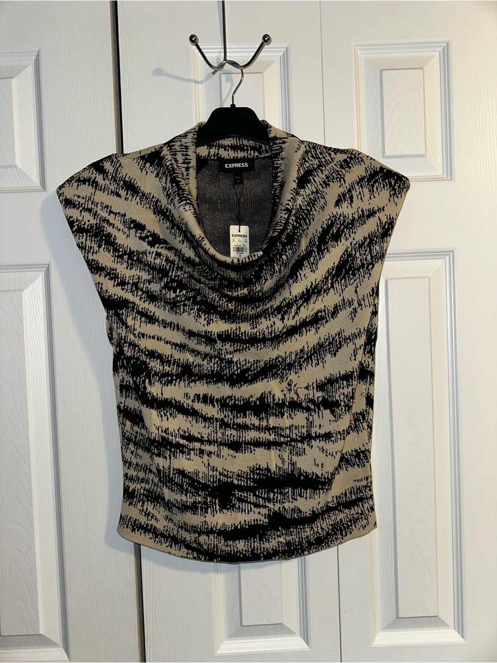 Express Sleeveless Shoulderpadded Cowl Neck Top in Beige and Black Zebra Print